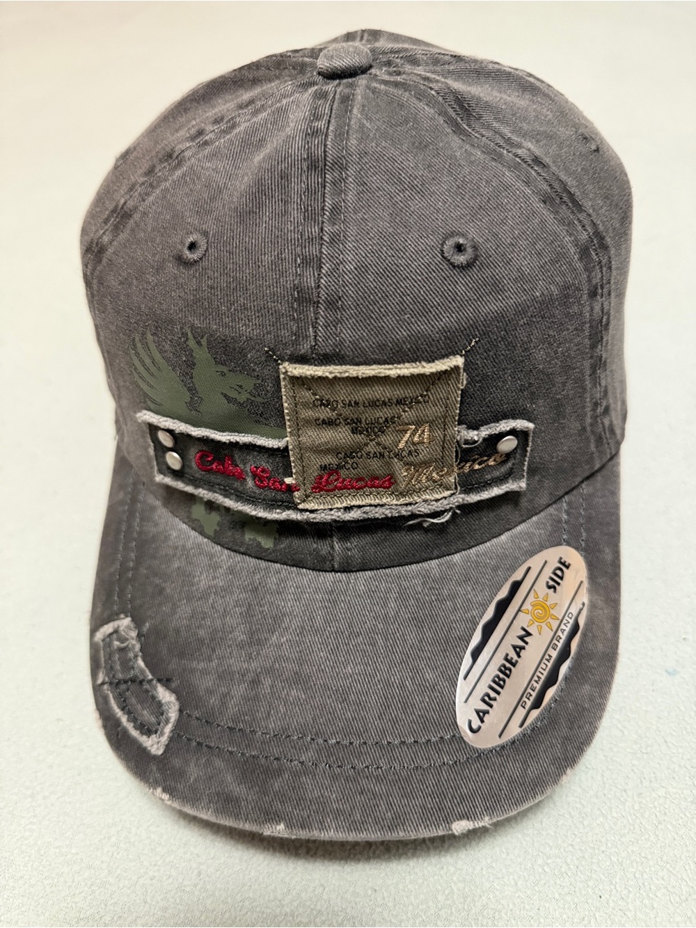 Caribbean Men's Distressed Gray Baseball Cap with Camouflage Patch